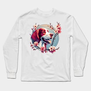 Joyful Irish Red and White Setter Amidst Spring Cherry Blossoms Long Sleeve T-Shirt